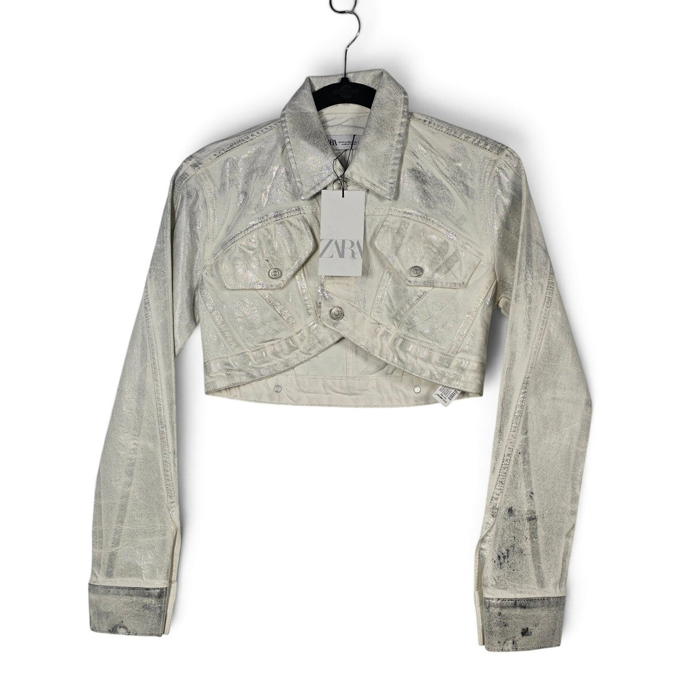 Zara Jacket Womens XS Cropped Bolero Metallic Silver White Denim NEW Futuristic